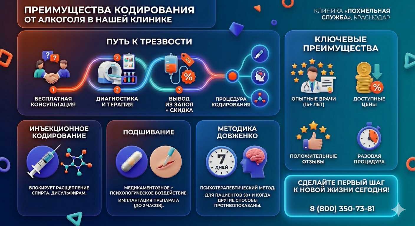 Инфографика о методах кодирования от алкоголя в Усть-Ордынском: инъекции, подшивание, метод Довженко. Преимущества клиники и этапы лечения.