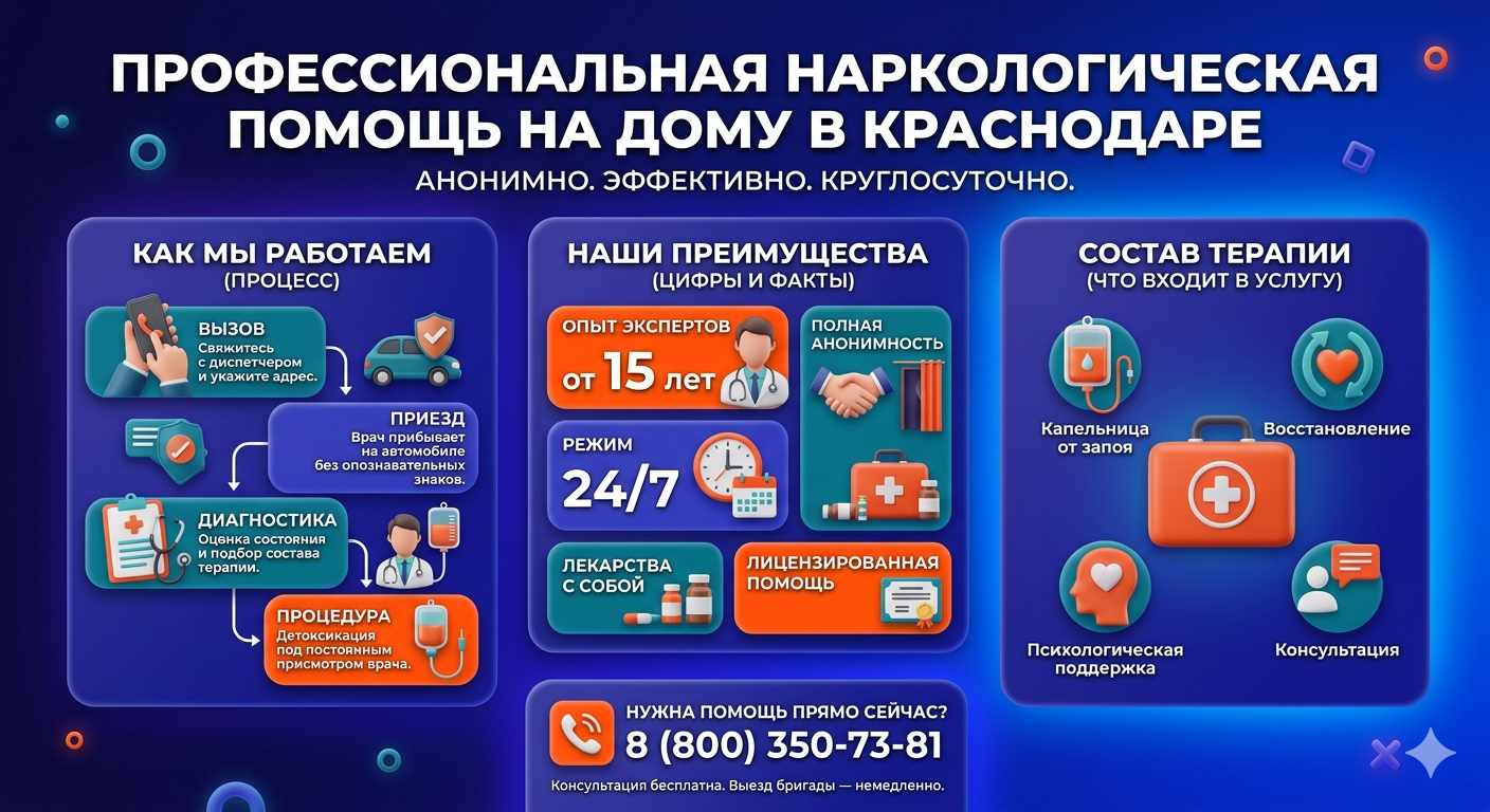 Инфографика о принципах лечения алкоголизма на дому в Усть-Ордынском: этапы вызова нарколога, преимущества анонимной детоксикации и состав медицинской помощи.